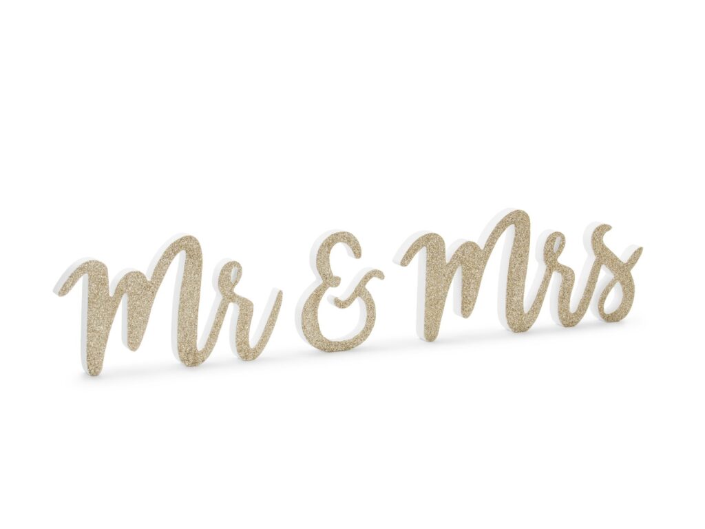 Ξύλινη Eπιγραφή Mr&Mrs Λευκή με Χρυσό Γκλίτερ