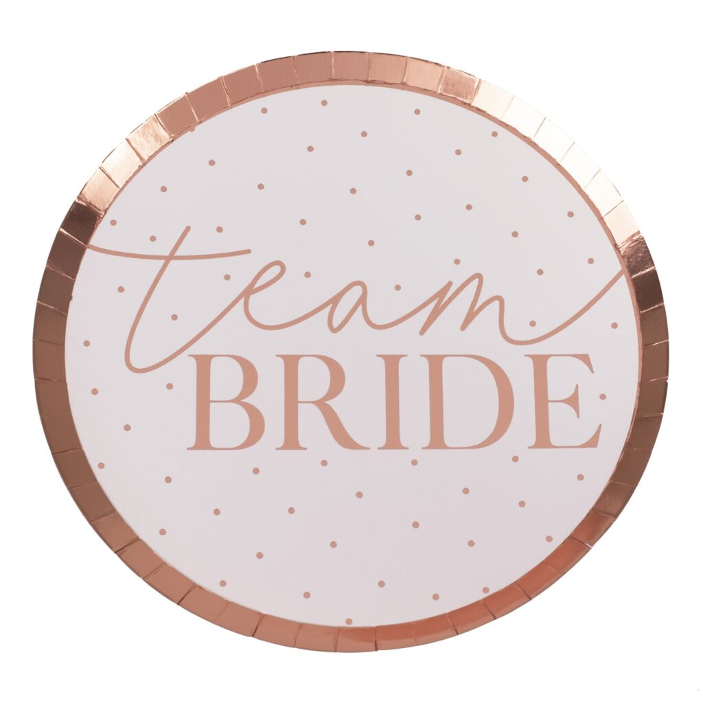 Χάρτινα Πιάτα Team Bride Ροζ με Rose Gold Πουά – 8 Τεμάχια