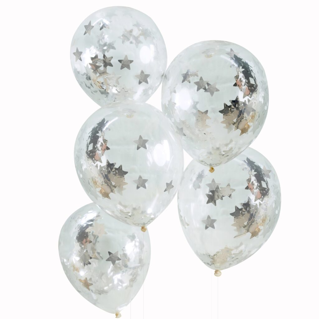 Μπαλόνια Latex με Κονφετί Ασημί Αστέρια – 5 Τεμάχια