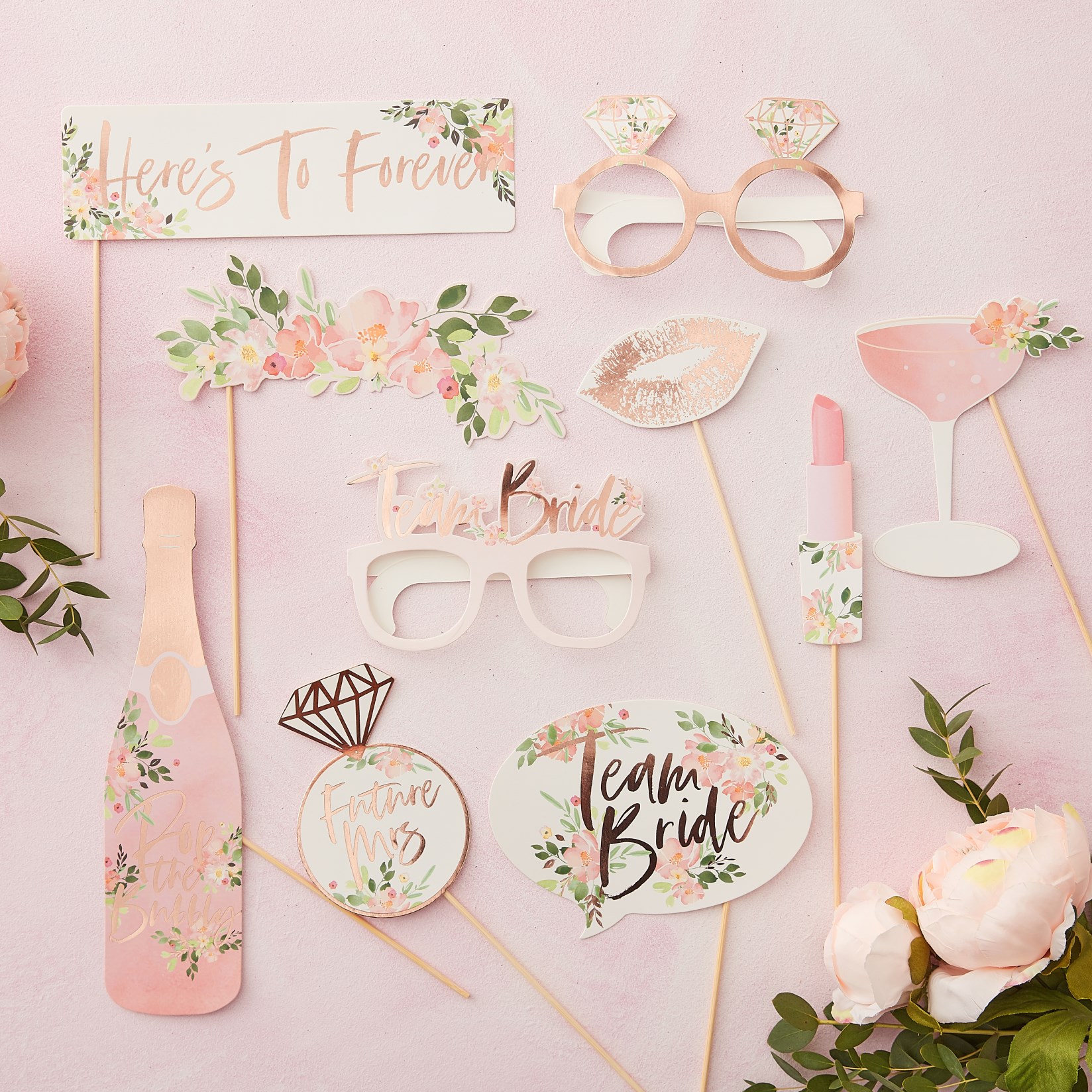 Photo Booth Props Team Bride Floral – 10 Τεμάχια