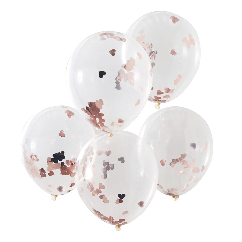 Μπαλόνια Latex με Κονφετί Καρδούλες Ροζ Χρυσό – 5 Τεμάχια