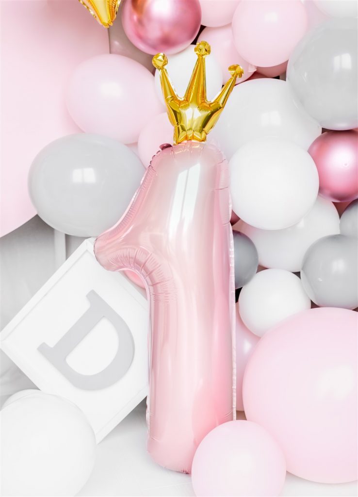 Μπαλόνι Foil Ροζ Αριθμός Ένα με Χρυσή Κορώνα – 90εκ.