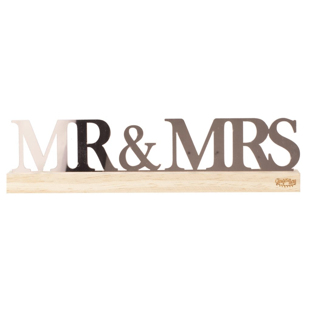 Ακρυλική Επιγραφή Mr & Mrs Ροζ Χρυσή σε Ξύλινη Βάση