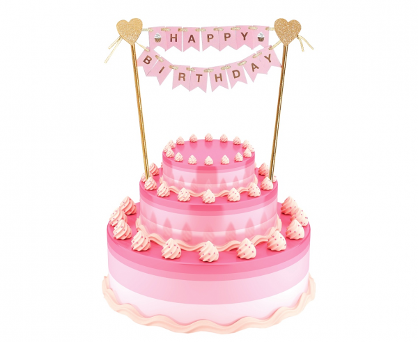Χάρτινο Διακοσμητικό Τούρτας Happy Birthday Ροζ & Χρυσό