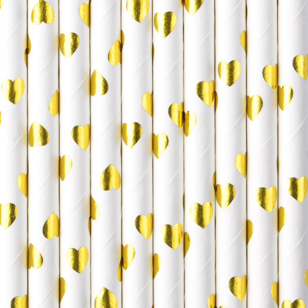 Χάρτινα Καλαμάκια Λεύκα με Χρυσές Καρδούλες – 10 Τεμάχια