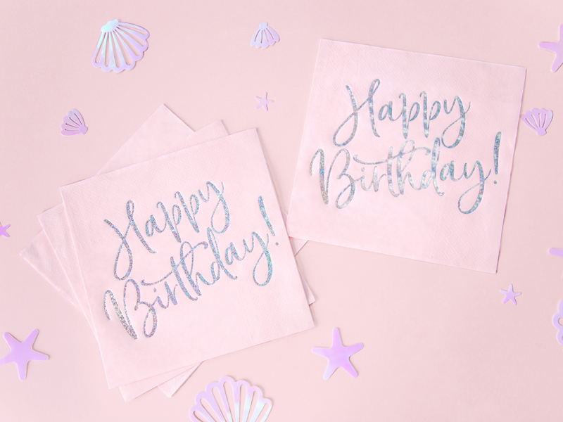 Ροζ Χαρτοπετσέτες Happy Birthday Ιριδίζον 33×33εκ – 20 Τεμάχια