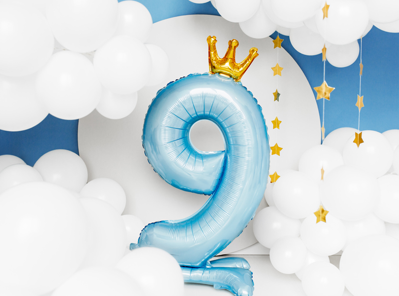 Μπαλόνι Foil με Βάση Αριθμός Εννιά Γαλάζιο με Κορώνα 84εκ