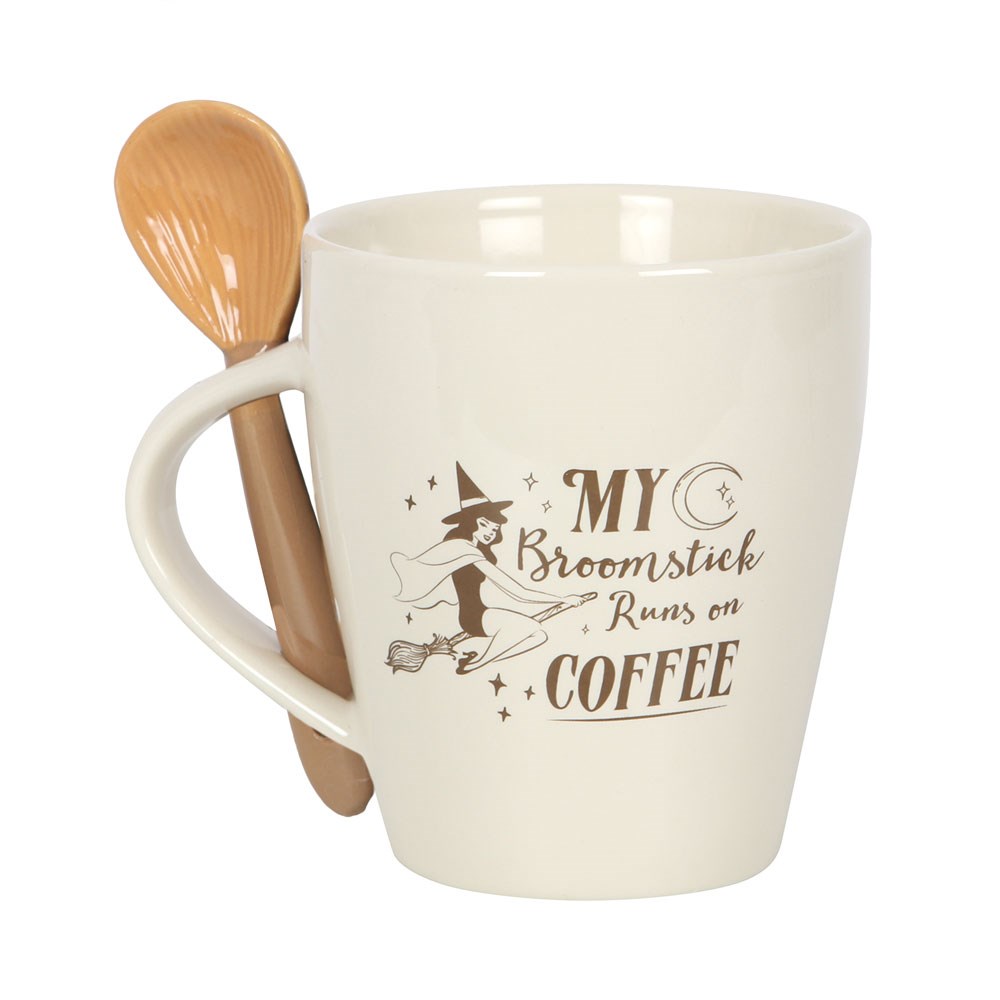 Πορσελάνινη Κούπα My Broomstick Runs On Coffee με Κουτάλι Σκουπόξυλο