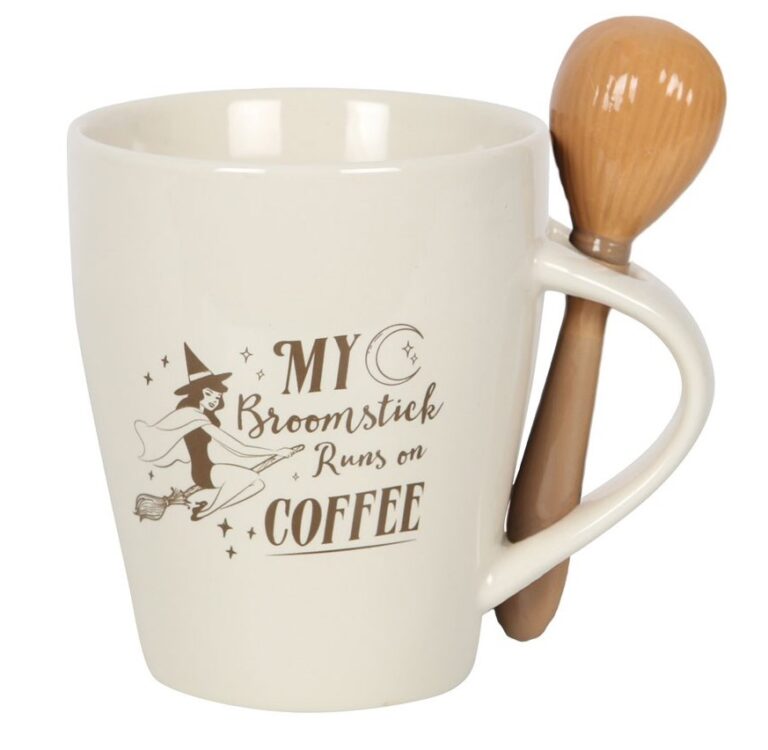 Πορσελάνινη Κούπα My Broomstick Runs On Coffee με Κουτάλι Σκουπόξυλο